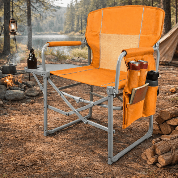ROOMISLAND Camping Directors' Chair with Side Table, Portable Folding Chair with Compact Size, Heavy Duty Lawn with Pocket for Camping, Lawn, Sports and Fishing, Orange