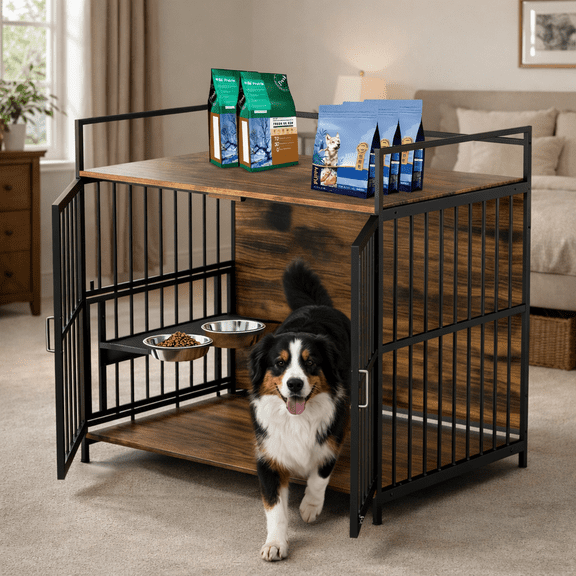 ROOMISLAND Dog Crate Furniture, Decorative Dog Kennel Indoor, Dog Crates for Large Dogs(35-60 lb), Wooden Dog Cage with Adjustable Bowls, Indoor Pet House End Table, Rustic Brown
