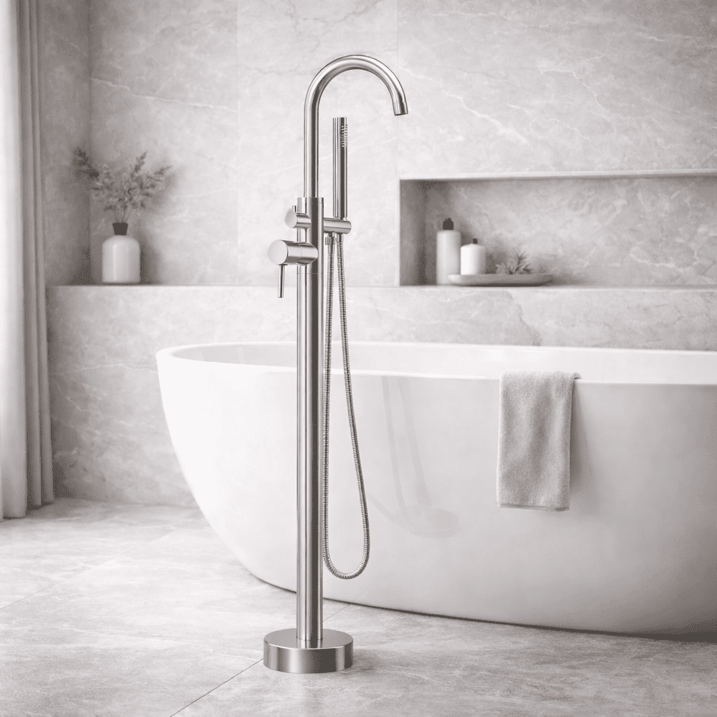 ROOMISLAND Floor Mount Bathtub Faucet Freestanding Tub Filler Standing High Flow Shower Faucets Shower Mixer Taps, with Handheld Shower, Silver