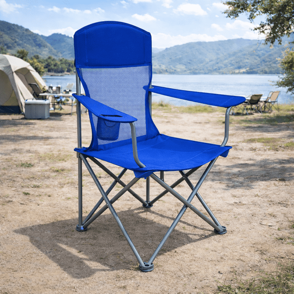ROOMISLAND Folding Camping Chair, Portable Heavy Duty Outdoor Quad Lumbar Back Padded with Side Pockets, Cup Holder for Beach, Lawn, Picnic, Fishing, Backpacking, Blue