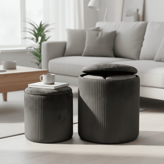 ROOMISLAND Round Ottoman with Storage, Set of 2, Small Vanity Stool as Velvet Vanity Chair, Corduroy Ottoman Foot Rest for Small Space, Living Room, Bedroom, Gray