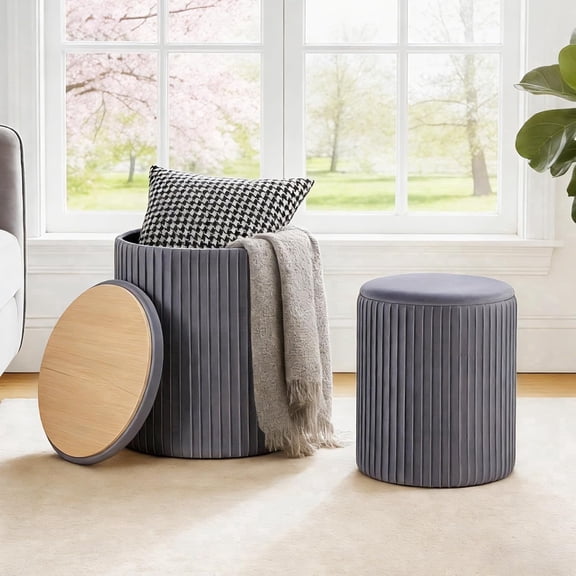 ROOMISLAND Round Storage Ottoman 2-Piece Set, Pleated Velvet Footrest Stool with Reversible Wood Tray Lid, Multi-Functional Small Coffee Table Side Table for Living Room Bedroom, Grey