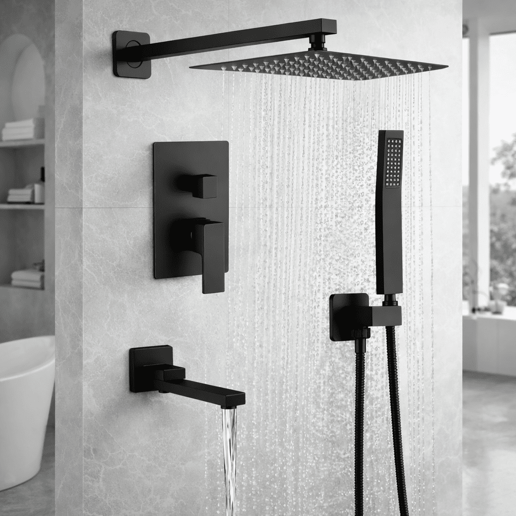 ROOMISLAND Shower System with Tub Spout Wall Mounted Rain Shower Head and Handle Combo Shower Faucet Set with Valve, Matte Black