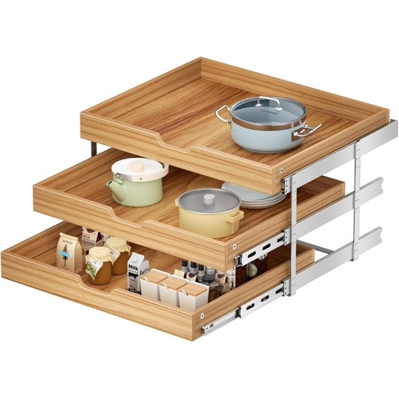 ROOMTEC 3 Tier Pull Out Cabinet Organizer 30" W X21 D, Heavy-Duty Pull Out Drawer, Slide Out Wood Shelf for Cabinets, Base Cabinet Organization for Pantry, Bathroom