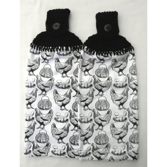 ROOSTERS - HENS - EGGS - BASKET OF EGGS - 2 HANDMADE CROCHET TOP HANGING KITCHEN TOWELS