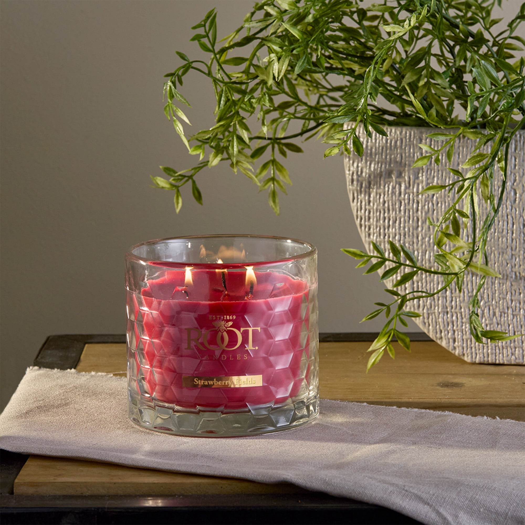 ROOT Candles 12 oz 3-Wick Signature Honeycomb filled Jar. Scent: Strawberry Fields