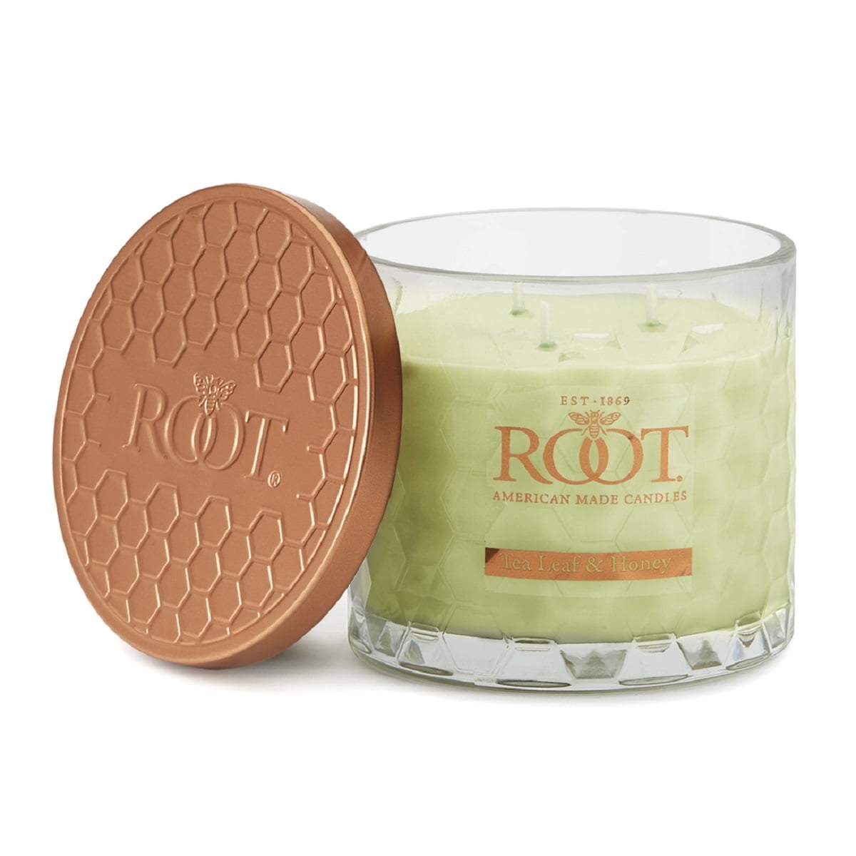 ROOT Candles 12 oz 3-Wick Signature Honeycomb filled Jar. Scent: Tea Leaf & Honey