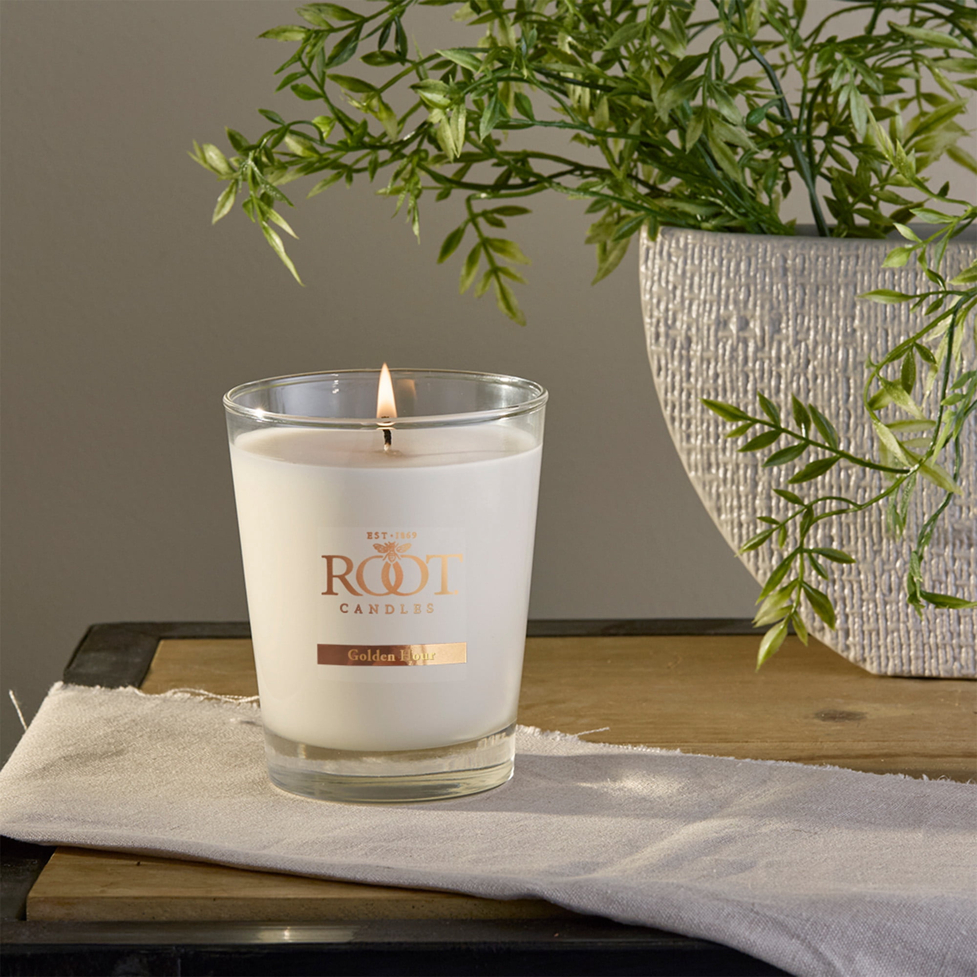 ROOT Candles Golden Hour Scented Candle, 10.5 oz Veriglass Jar – Warm Citrus & Amber Fragrance, Proprietary Beeswax Blend, Made in Medina, Ohio