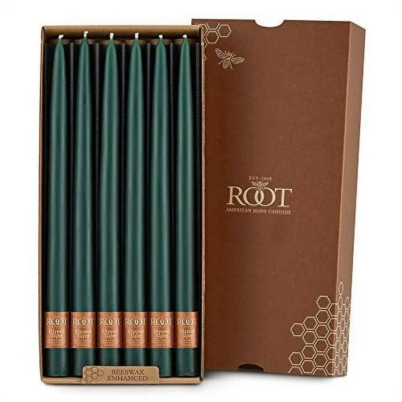 ROOT Candles Unscented Dipped Taper Candles, 12-inch Tall, Box of 12, Color: Dark Green