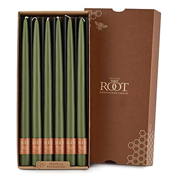 ROOT Candles Unscented Dipped Taper Candles, 12-inch Tall, Box of 12, Color: Dark Olive