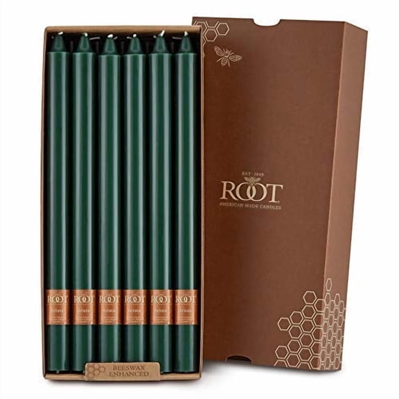 ROOT Candles Unscented Smooth Arista Taper Candles, 12-Inch Tall, Box of 12, Color: Dark Green