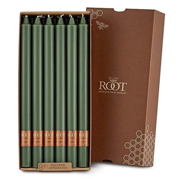 ROOT Candles Unscented Smooth Arista Taper Candles, 12-Inch Tall, Box of 12, Color: Dark Olive