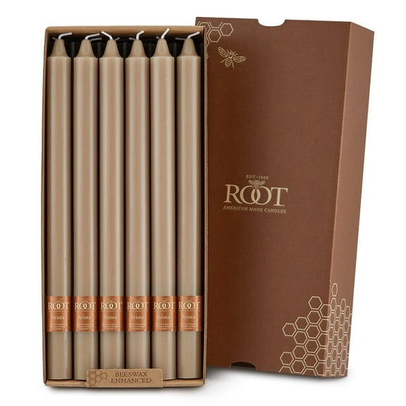 ROOT Candles Unscented Smooth Arista Taper Candles, 12-Inch Tall, Box of 12, Color: Taupe