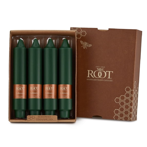 ROOT Candles Unscented Smooth Collenette Taper Candles, 7-Inch Tall, Box of 4, Color: Dark Green