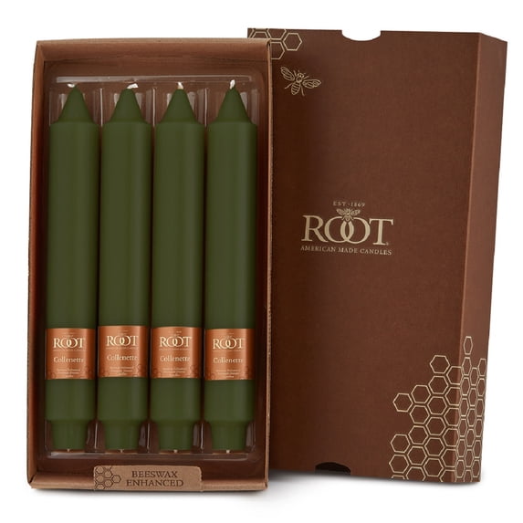 ROOT Candles Unscented Smooth Collenette Taper Candles, 9-Inch Tall, Box of 4, Color: Dark Olive