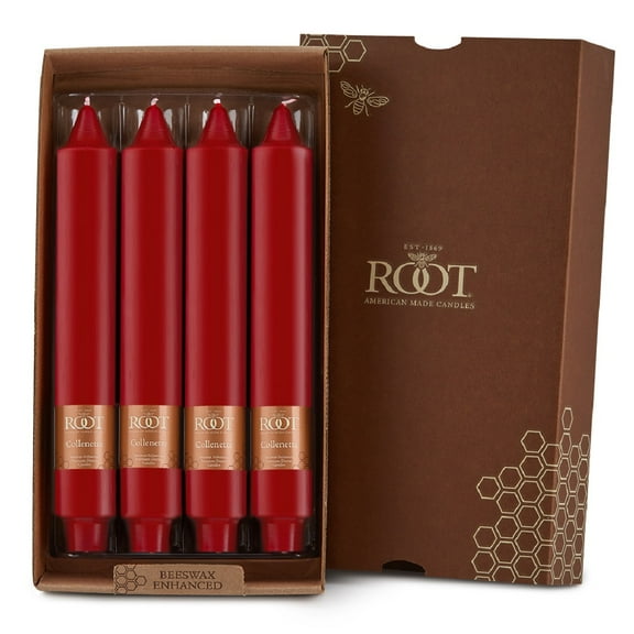 ROOT Candles Unscented Smooth Collenette Taper Candles, 9-Inch Tall, Box of 4, Color: Red