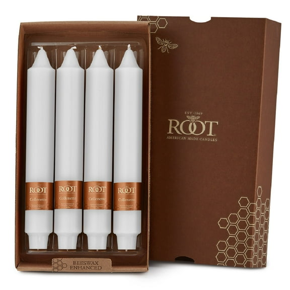ROOT Candles Unscented Smooth Collenette Taper Candles, 9-Inch Tall, Box of 4, Color: White