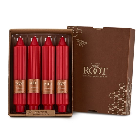 ROOT Unscented Grecian Collenettes Taper Candles, 7-Inch Tall, Box of 4, Red