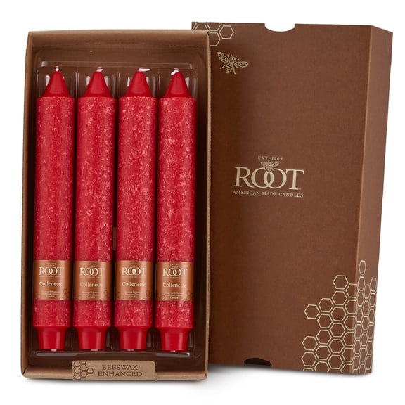 ROOT Unscented Grecian Collenettes Taper Candles, 9-Inch Tall, Box of 4, Red
