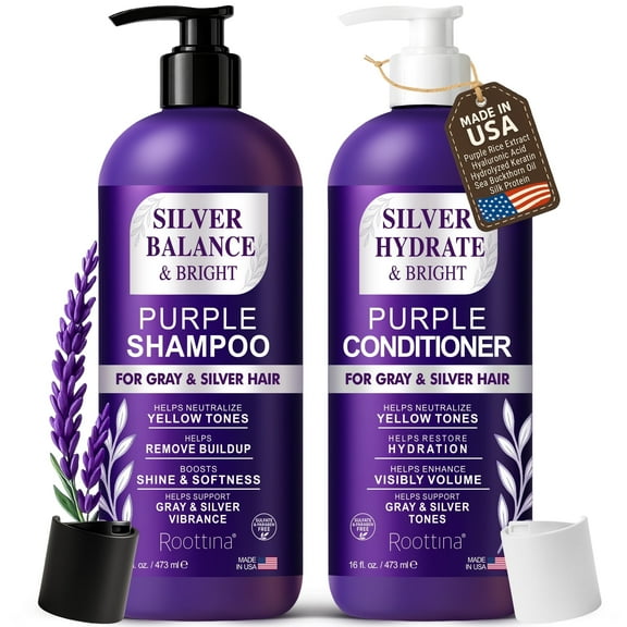 ROOTTINA Sulfate Free Brass Toning Purple Shampoo and Conditioner Set for Gray, Blonde, Silver & White Hair  Neutralizes Brassy Tones, Boosts Brightness, Protects Color, Made in USA, 16 fl oz Each