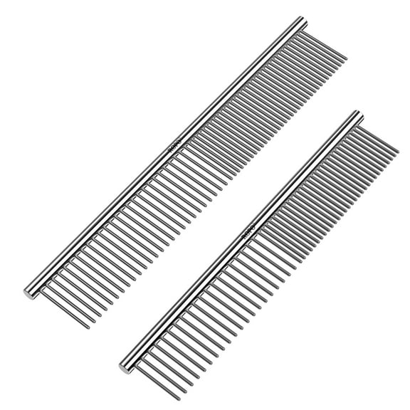 ROPO Pet Steel Combs Dog Cat Comb Tool for Removing Matted Fur - Pet Dematting Comb with Rounded Teeth and Non-Slip Grip Handle - Prevents Knots and Mats for Long and Short Haired Pets,6.5IN/7.4IN