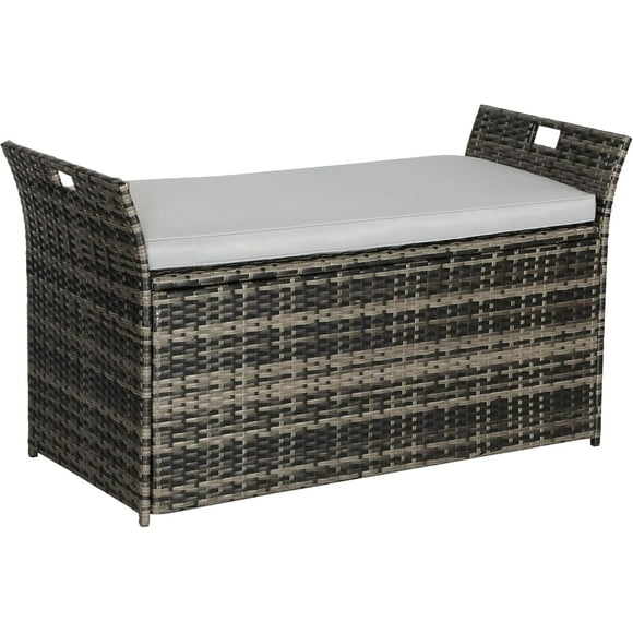 ROQ90 Gallon Patio Storage Bench, Outdoor Wicker Deck Box with Cushion, PE Rattan Box with Handles (Grey)