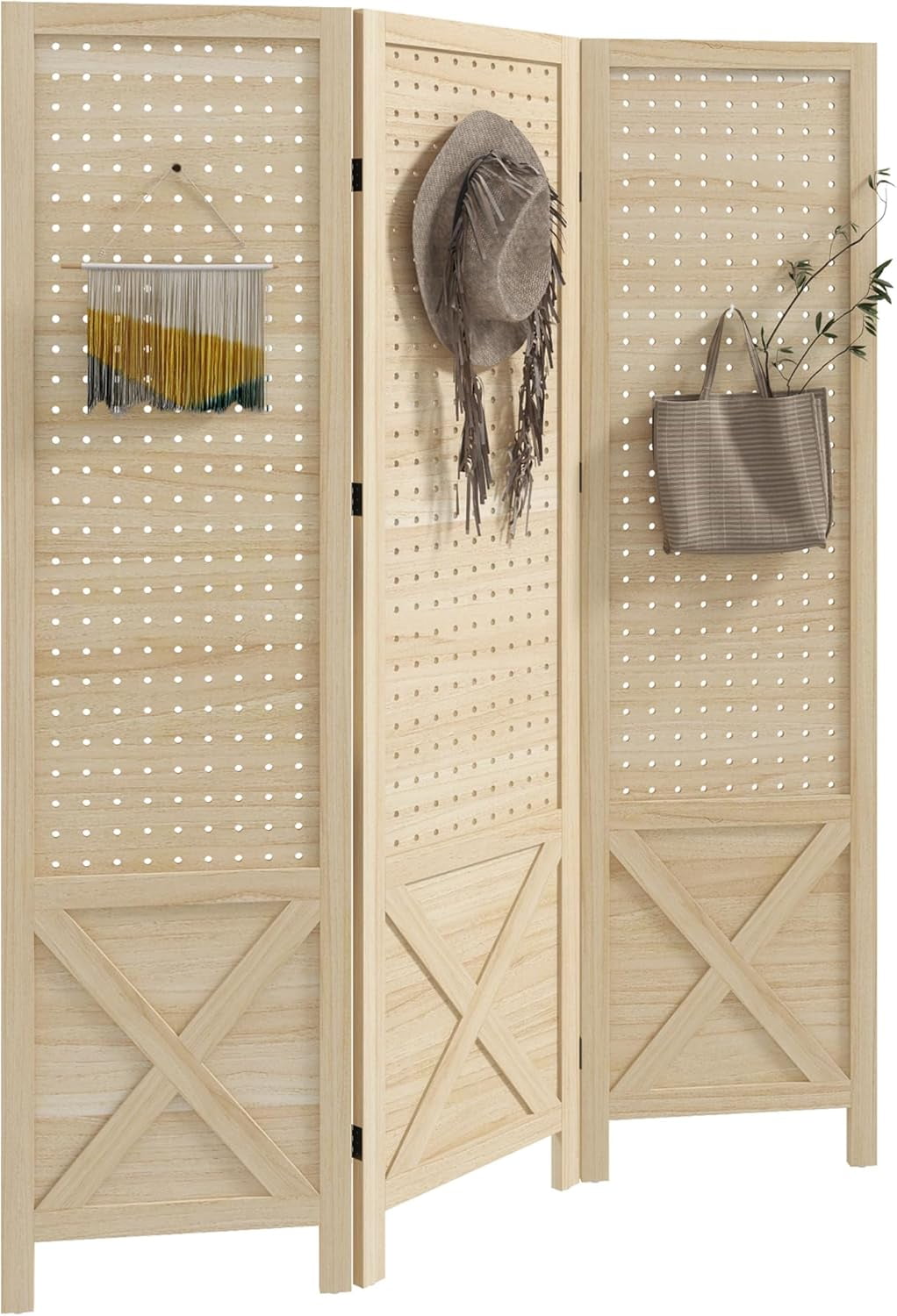 6-Panel Natural Wood Room Divider with Pegboard Display