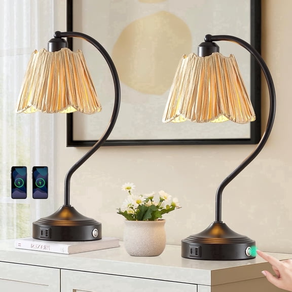 RORIA 18" Curved Black Table Lamp Set of 2, Touch-Control Three-Level Dimming with USB A+C Charging Ports, Rustic Farmhouse Style Perfect for Living Room or Bedside Table Lighting