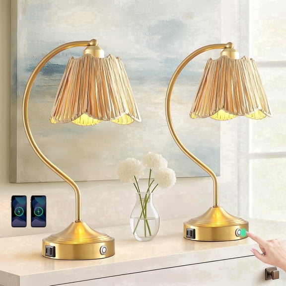 RORIA 18"Curved Gold Table Lamps Set of 2, with Touch-Control 3-Level Dimming and USB-A&C Charging Ports, for Bedrooms and Living Room, Modern Farmhouse-Style Bedside Lamps