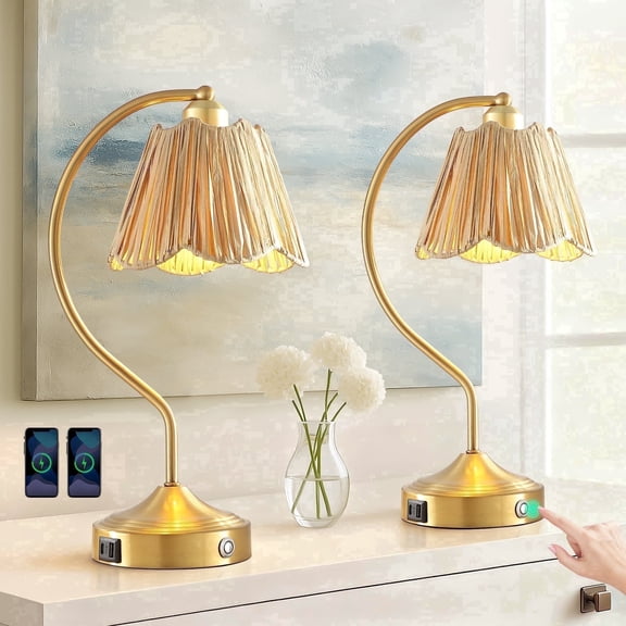 RORIA 18"Curved Gold Table Lamps Set of 2, with Touch-Control 3-Level Dimming and USB-A&C Charging Ports, for Bedrooms and Living Room, Modern Farmhouse-Style Bedside Lamps