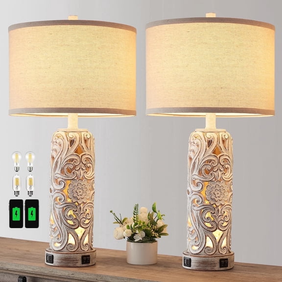 RORIA 25"Country Style Table Lamp Set of 2,for Living Room Bedroom Nightstand, Hollow Resin Farmhouse Vintage Bedside Lamp with 2 USB Ports with Night Light, LED Bulb Included