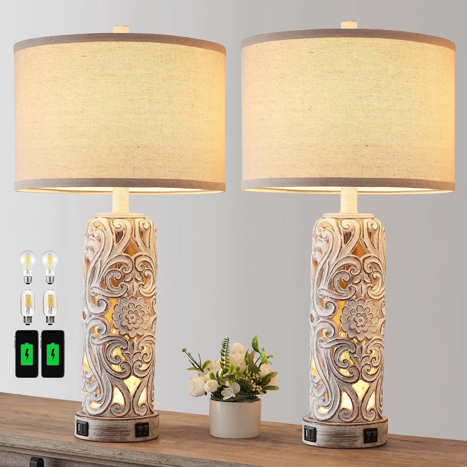RORIA 25" Country Style Table Lamp Set of 2，for Living Room Bedroom Nightstand, Hollow Resin Farmhouse Vintage Bedside Lamp with 2 USB Ports with Night Light, LED Bulb Included - Walmart.com