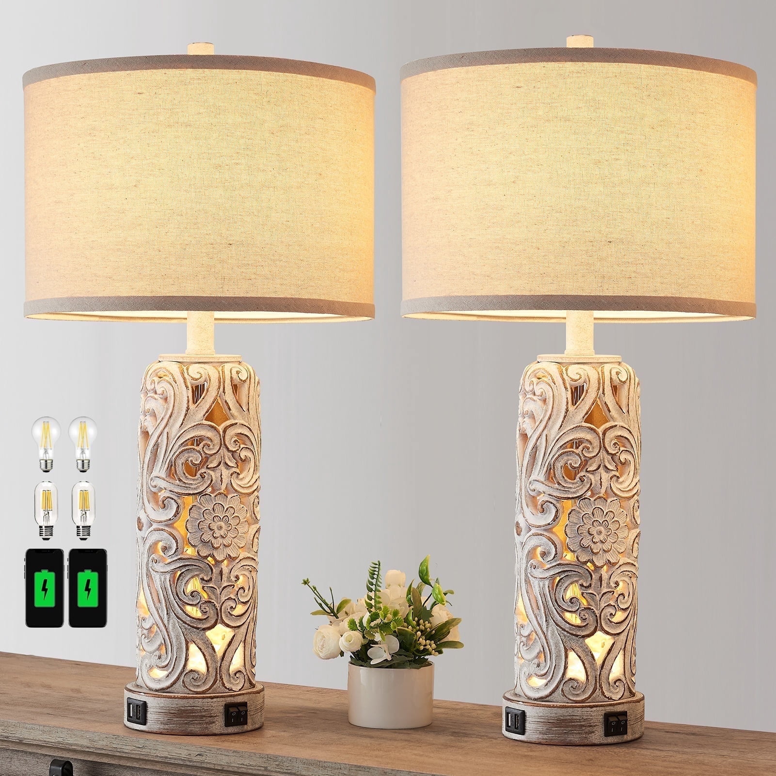 RORIA 25" Country Style Table Lamps Set of 2，for Living Room Bedroom Nightstand, Hollow Resin Farmhouse Vintage Bedside Lamp with 2 USB Ports with Night Light, LED Bulb Included
