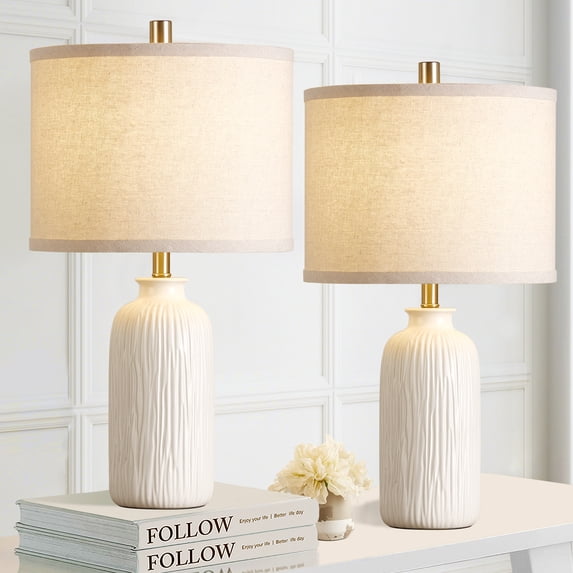 RORIA White Table Lamps Set of 2, 21" Modern Ceramic Bedside Lamps, Suitable for the Living Room, Bedroom Nightstands, and Office (Bulbs Included)