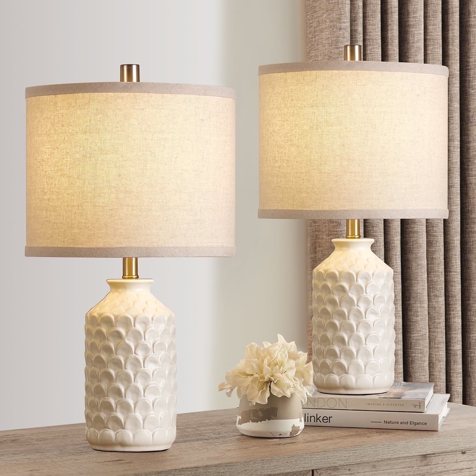 RORIA 21 Set of 2 Modern White Living Room Decorative Ceramic Table Lamps Farmhouse Bedroom Nightstand Lamps