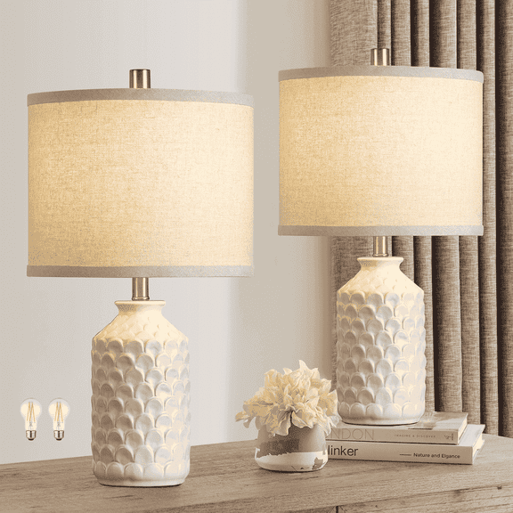 RORIA 21” Ceramic Table Lamps Set of 2,Modern White Bedside Lamps,Suitable for the Living Room or Bedroom Nightstands (Bulbs Included)