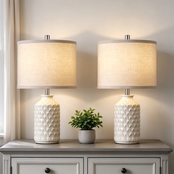 RORIA 21” Ceramic Table Lamps Set of 2,Modern White Bedside Lamps,for the Living Room or Bedroom Nightstands (Bulbs Included)