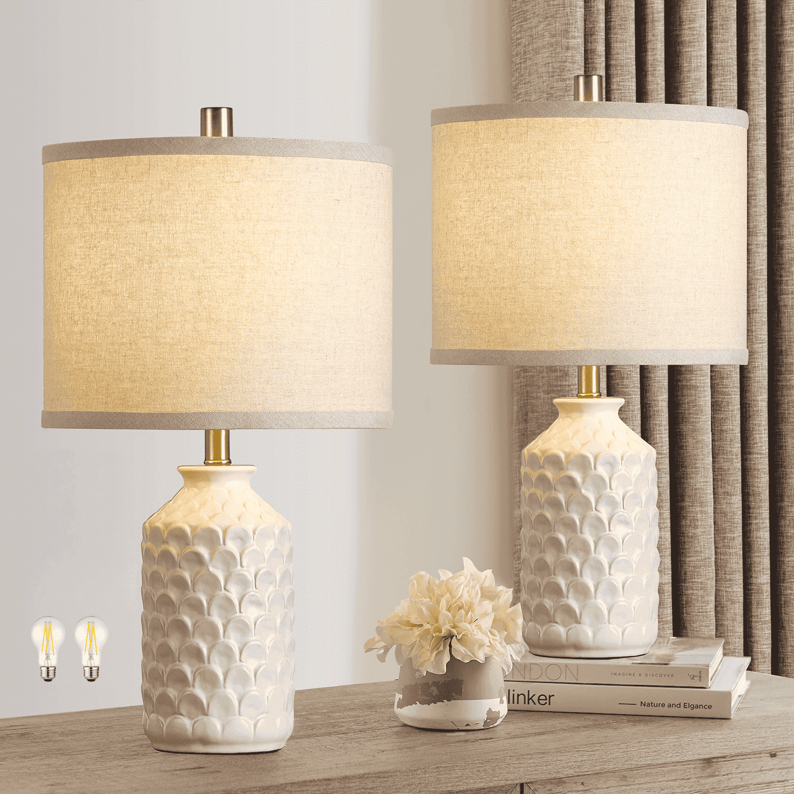 RORIA 21” Set of 2 Modern White Living Room Decorative Ceramic Table Lamps Farmhouse Bedroom Nightstand Lamps - Walmart.com