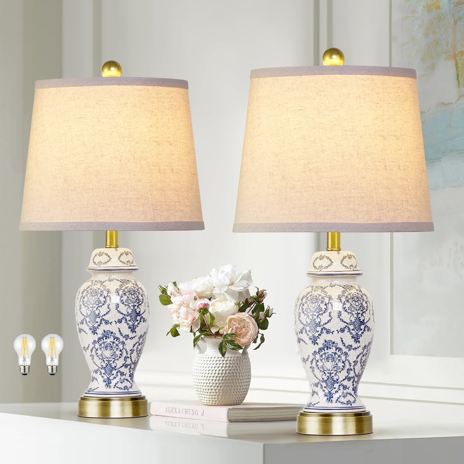 RORIA 22" Blue and White Porcelain Table Lamp Set of 2, Traditional Chinese Ceramic Bedside Lamps, Suitable for Bedroom and Living Room Nightstands