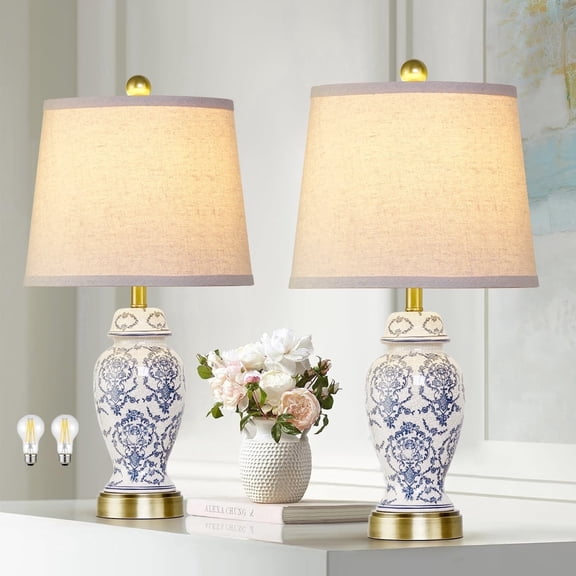 RORIA 22"Blue and White Ceramic Table Lamps Set of 2,Traditional Chinese-Style Bedside Lamps, for Living Room and Bedside Tables in Bedrooms