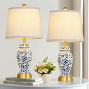 RORIA 22" traditional classic Chinese blue and white porcelain ceramic table lamp, rural farmhouse bedside lamp, suitable for living room bedroom bedside table