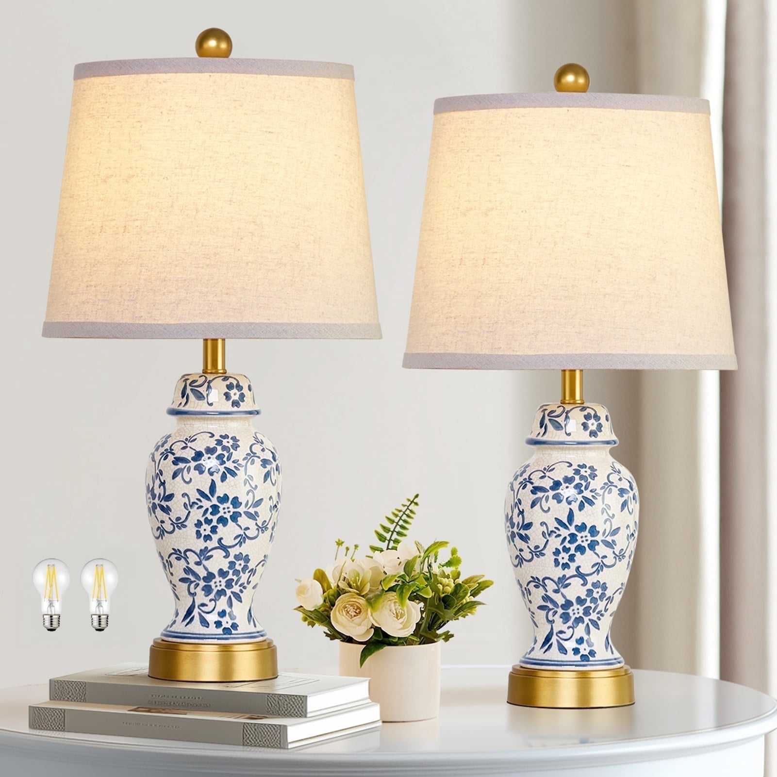 RORIA 22" Classic Blue and White Porcelain Table Lamps Set of 2, Rustic Farmhouse-Style Ceramic Bedside Lamp, Suitable for Living Room or Bedroom Nightstand
