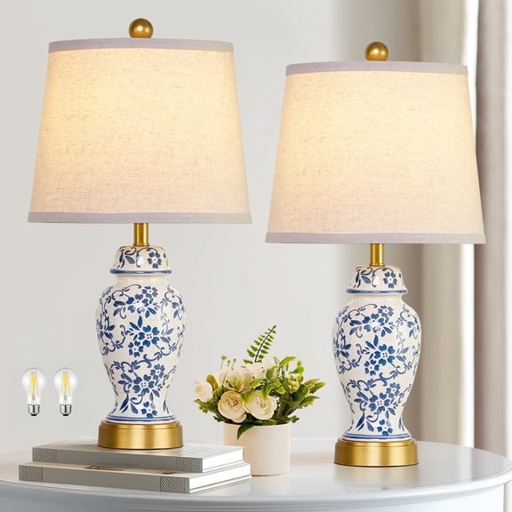 RORIA 22" Classic Blue and White Porcelain Table Lamps Set of 2, Rustic Farmhouse-Style Bedside Lamp, for Living Room or Bedroom Nightstand