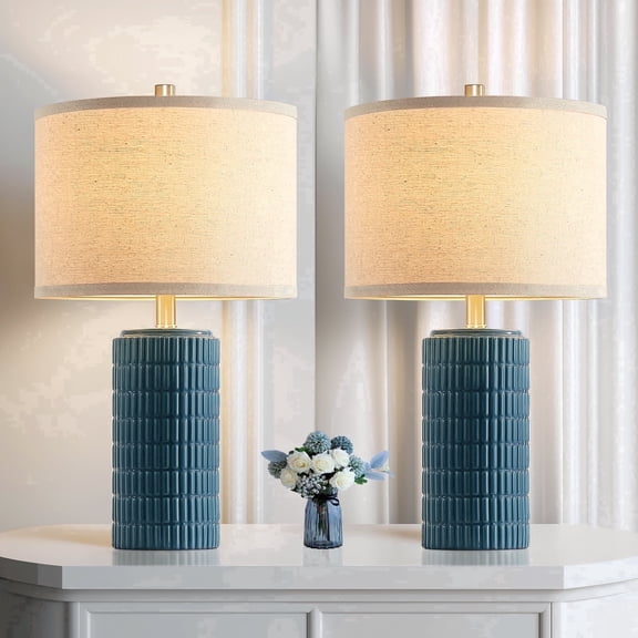 RORIA 23” Blue Ceramic Table Lamps Set of 2 for Bedrooms and Living Room with a Linen Bell-Shaped Shade Modern-Style Bedside Lamp