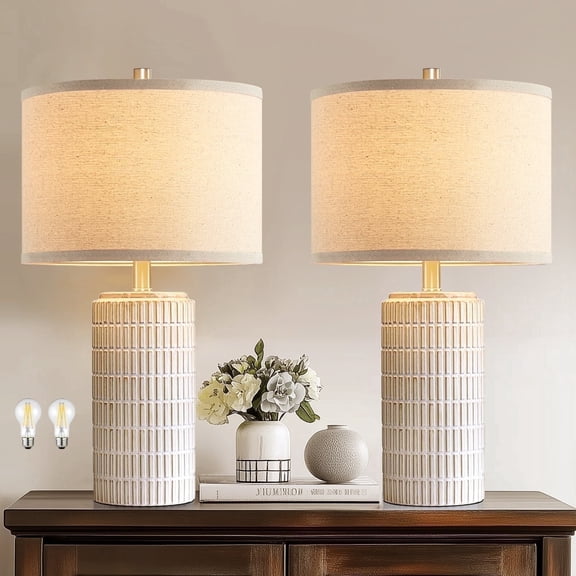 RORIA 23" White Modern Ceramic Table Lamp Set of 2 Rustic Farmhouse Nightstand Lamp for Living Room Bedroom Round Linen Lampshade