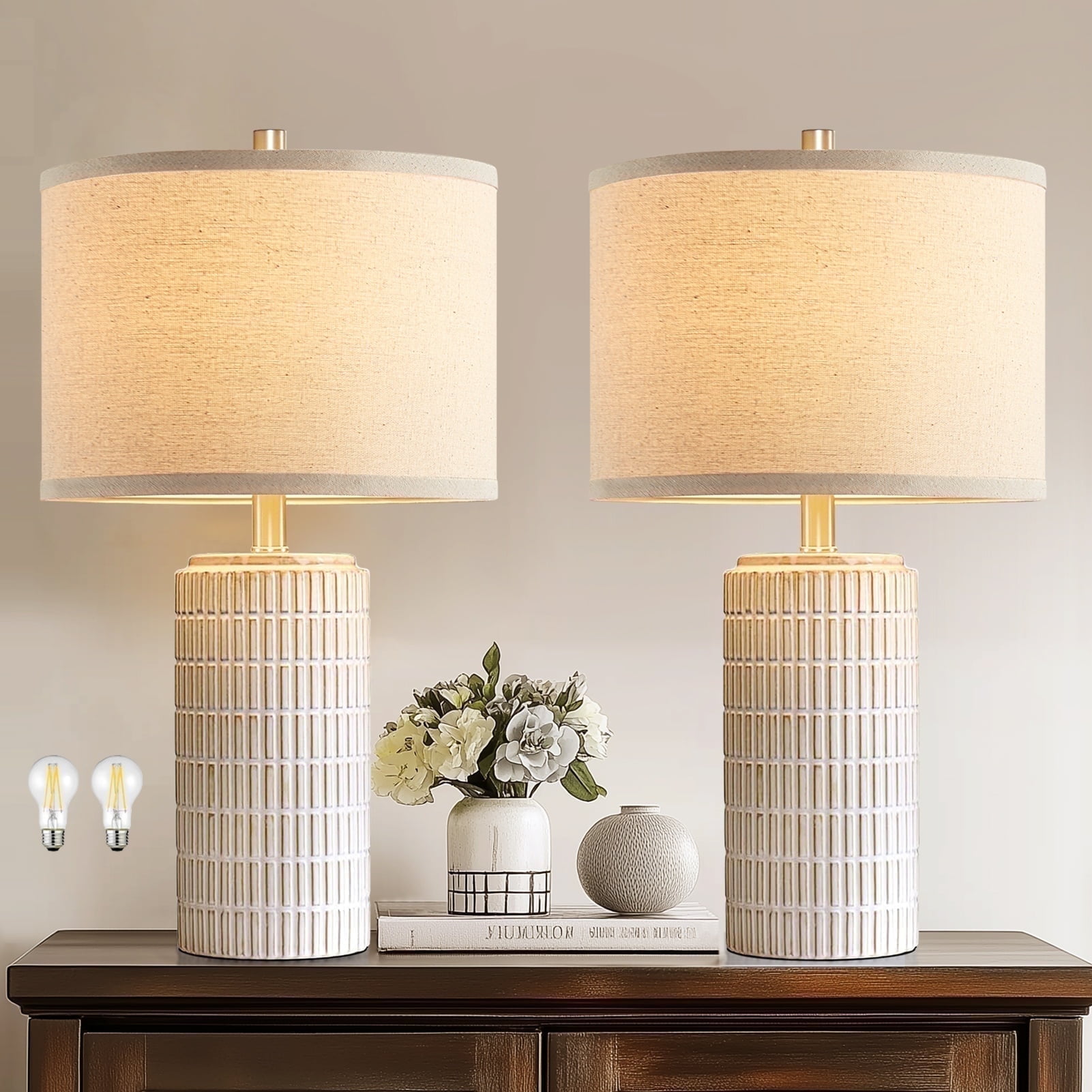 RORIA 23" White Modern Ceramic Table Lamp Set of 2 Rustic Farmhouse Nightstand Lamp for Living Room Bedroom Round Linen Lampshade - Walmart.com