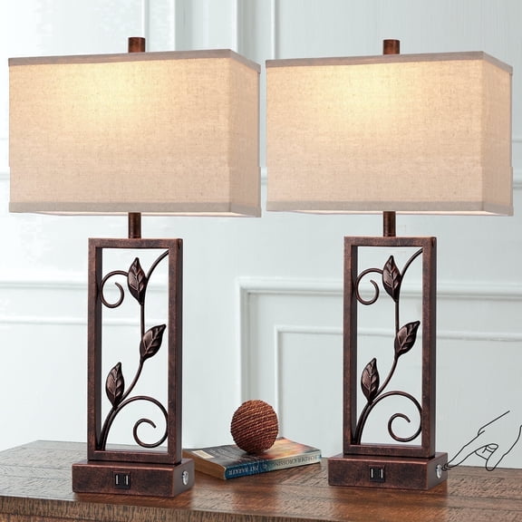 RORIA 24"Farmhouse-Style Touch-Control Table Lamps Set of 2, with USB-C & A Charging Ports, for Bedrooms and Living Rooms, Rustic Vintage Leaf-Shaped Bedside Lamps