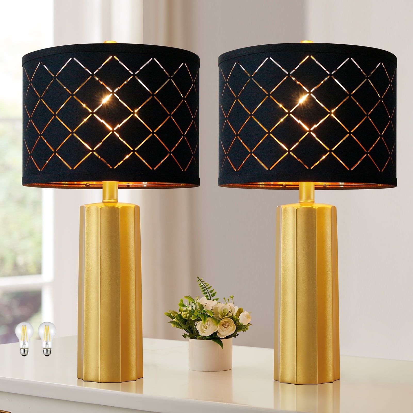 RORIA 24" Modern Table Lamp 2 Piece Set, Gold Rustic Bedside Lamp with Black Mesh Shade for Living Room, Bedroom, Nightstand, Coffee Table (Includes 2 Bulbs)