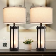 RORIA 24” Modern Living Room Table Lamp 2-Piece Set with 2 USB Charging Ports, Built-in White Frosted Glass with Night Light, Black Vintage Rustic Farmhouse Lamp for Bedroom Nightstand Lamps