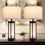 RORIA 24"Modern Living Room Table Lamps Set of 2, with Dual USB-C&A Charging Ports, Built-in Frosted White Glass Night Light, Black Retro Country Farmhouse Style, for Bedroom Bedside Lamps